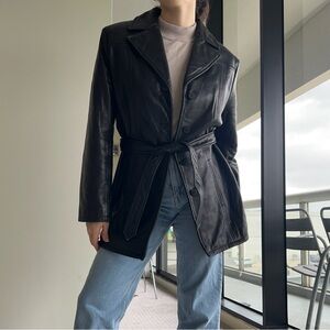 Vintage Nine West Black Real Leather Belted Jacket
